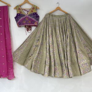 Meera's Lehenga – Elegant Olive Gold Chaniya Choli Set with Multicolor Embroidered Blouse & Pink Dupatta
