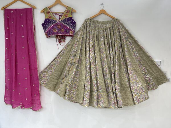 Meera's Lehenga – Elegant Olive Gold Chaniya Choli Set with Multicolor Embroidered Blouse & Pink Dupatta