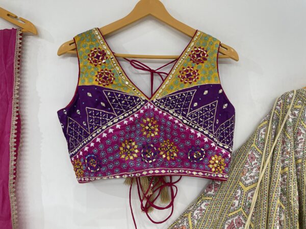 Meera's Lehenga – Elegant Olive Gold Chaniya Choli Set with Multicolor Embroidered Blouse & Pink Dupatta - Image 2