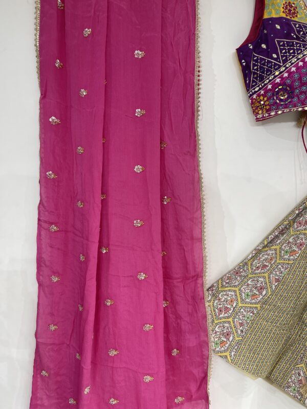 Meera's Lehenga – Elegant Olive Gold Chaniya Choli Set with Multicolor Embroidered Blouse & Pink Dupatta - Image 6