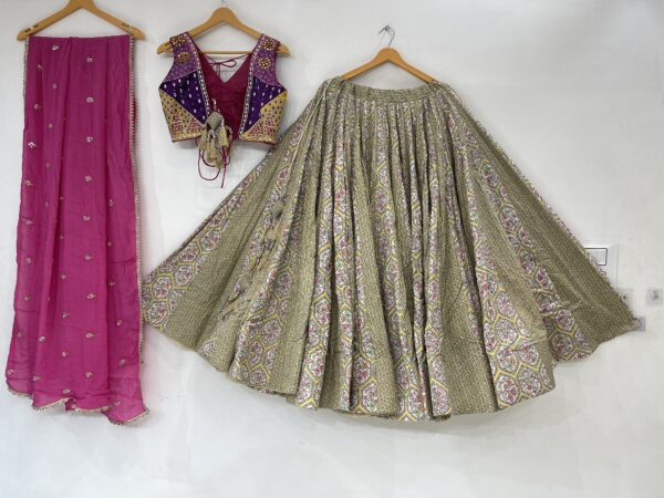 Meera's Lehenga – Elegant Olive Gold Chaniya Choli Set with Multicolor Embroidered Blouse & Pink Dupatta - Image 7