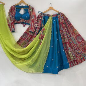 Meera's Lehenga – Peacock Panel Blue Chaniya Choli Set with Mirror Work and Lime Green Dupatta