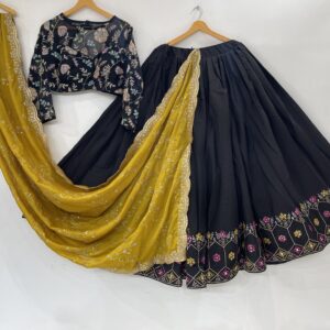 Meera's Lehenga – Midnight Black Chaniya Choli Set with Mustard Dupatta and Floral Embroidery