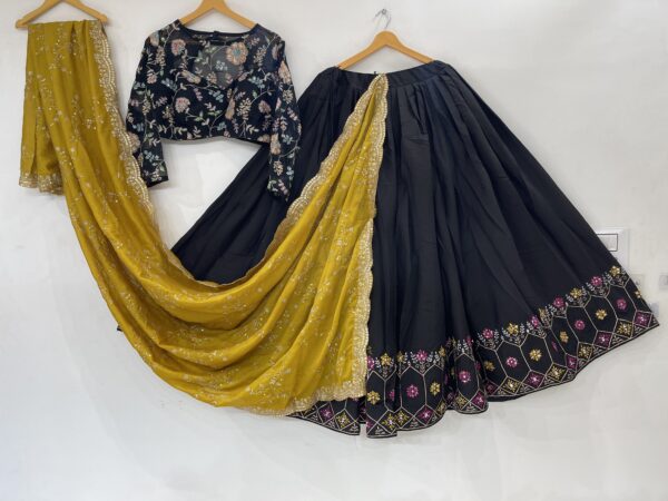 Meera's Lehenga – Midnight Black Chaniya Choli Set with Mustard Dupatta and Floral Embroidery