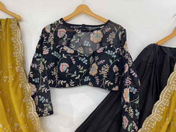 Meera's Lehenga – Midnight Black Chaniya Choli Set with Mustard Dupatta and Floral Embroidery - Image 2