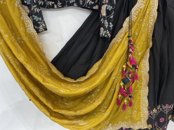 Meera's Lehenga – Midnight Black Chaniya Choli Set with Mustard Dupatta and Floral Embroidery - Image 3