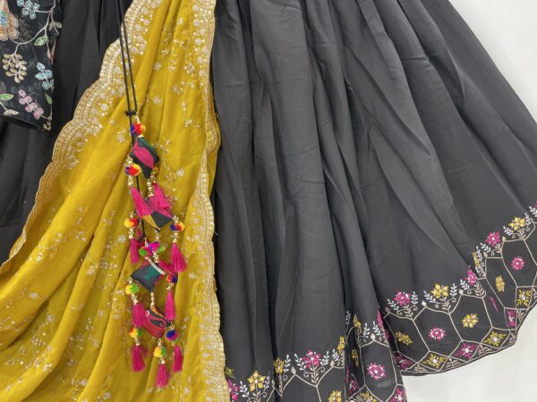 Meera's Lehenga – Midnight Black Chaniya Choli Set with Mustard Dupatta and Floral Embroidery - Image 4