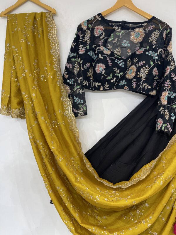 Meera's Lehenga – Midnight Black Chaniya Choli Set with Mustard Dupatta and Floral Embroidery - Image 6