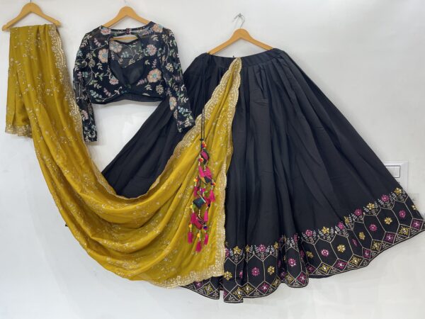 Meera's Lehenga – Midnight Black Chaniya Choli Set with Mustard Dupatta and Floral Embroidery - Image 7