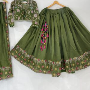 Meera's Lehenga – Olive Green Floral Embroidered Chaniya Choli Set with Tassel Detail