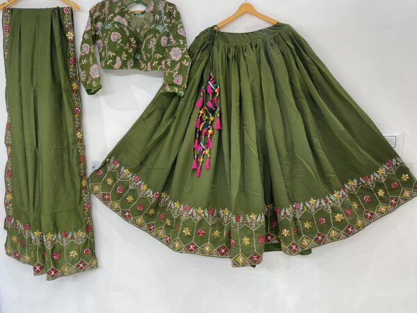 Meera's Lehenga – Olive Green Floral Embroidered Chaniya Choli Set with Tassel Detail