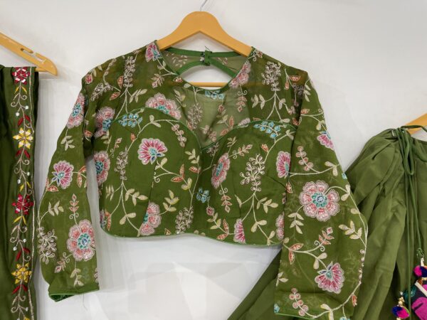 Meera's Lehenga – Olive Green Floral Embroidered Chaniya Choli Set with Tassel Detail - Image 2