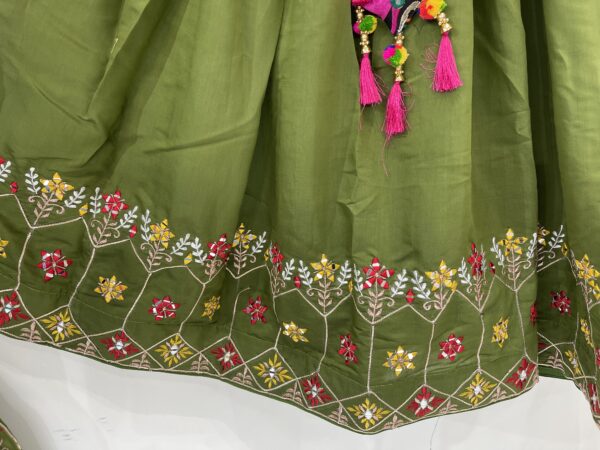Meera's Lehenga – Olive Green Floral Embroidered Chaniya Choli Set with Tassel Detail - Image 3