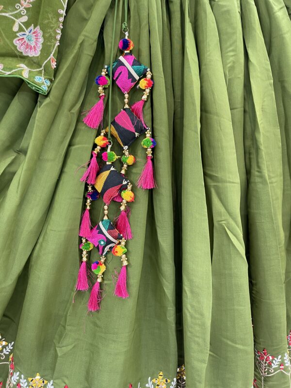 Meera's Lehenga – Olive Green Floral Embroidered Chaniya Choli Set with Tassel Detail - Image 4