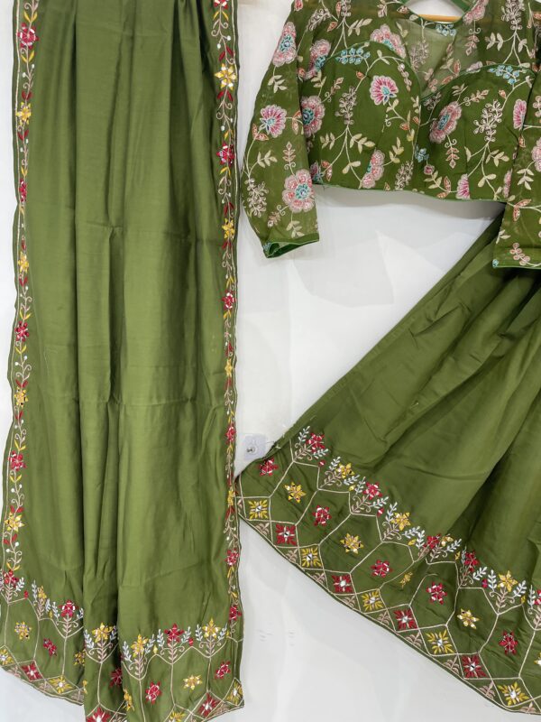 Meera's Lehenga – Olive Green Floral Embroidered Chaniya Choli Set with Tassel Detail - Image 6
