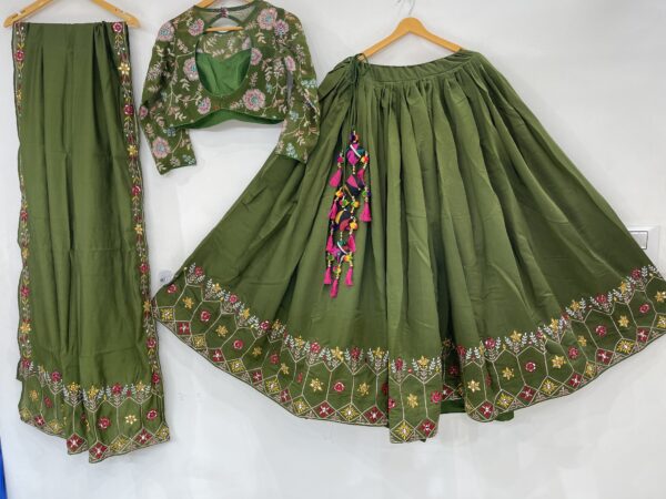 Meera's Lehenga – Olive Green Floral Embroidered Chaniya Choli Set with Tassel Detail - Image 7