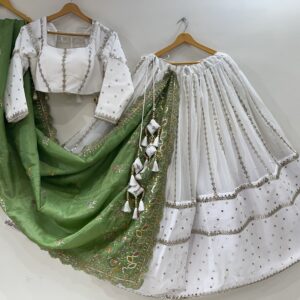 Meera’s Lehenga – White Mirror Work Lehenga Choli with Green Embroidered Dupatta & Latkans