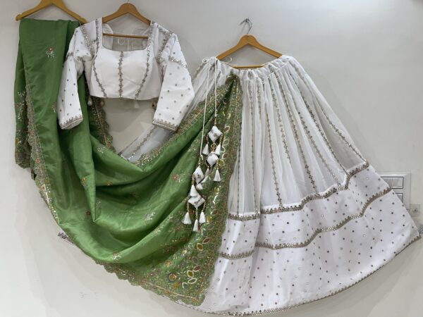 Meera’s Lehenga – White Mirror Work Lehenga Choli with Green Embroidered Dupatta & Latkans