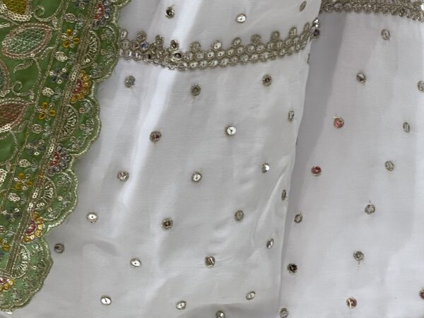 Meera’s Lehenga – White Mirror Work Lehenga Choli with Green Embroidered Dupatta & Latkans - Image 2