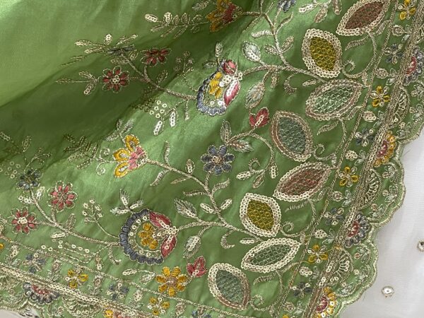 Meera’s Lehenga – White Mirror Work Lehenga Choli with Green Embroidered Dupatta & Latkans - Image 3