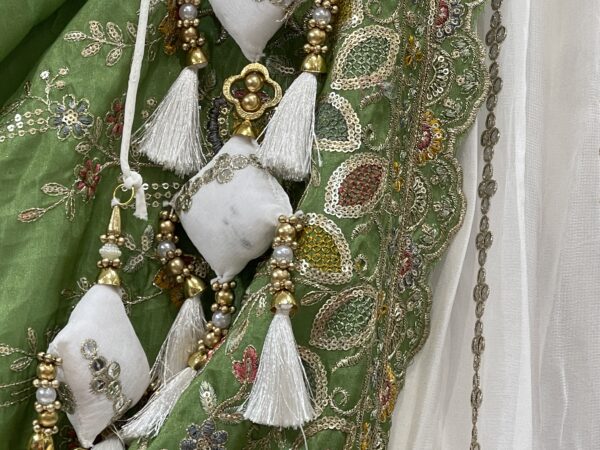 Meera’s Lehenga – White Mirror Work Lehenga Choli with Green Embroidered Dupatta & Latkans - Image 4
