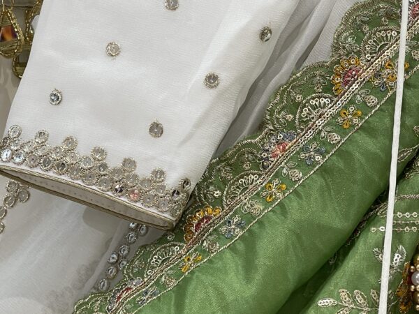 Meera’s Lehenga – White Mirror Work Lehenga Choli with Green Embroidered Dupatta & Latkans - Image 7