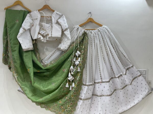 Meera’s Lehenga – White Mirror Work Lehenga Choli with Green Embroidered Dupatta & Latkans - Image 8