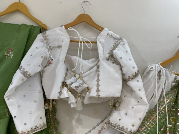 Meera’s Lehenga – White Mirror Work Lehenga Choli with Green Embroidered Dupatta & Latkans - Image 9