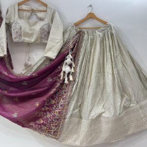 Meera’s Lehenga – Royal Beige Banarasi Chaniya Choli with Wine Embroidered Dupatta