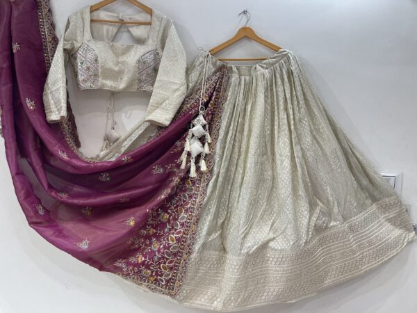 Meera’s Lehenga – Royal Beige Banarasi Chaniya Choli with Wine Embroidered Dupatta