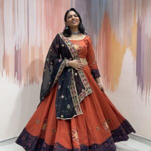 Rust Red Traditional Navratri Chaniya Choli with Kutchi Embroidery and Mirror Work – Festival Garba Lehenga Set with Black Dupatta