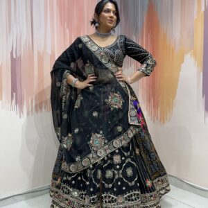 Black Designer Chaniya Choli for Navratri 2025 with Hand Mirror Work and Bandhani Print – Traditional Kutchi Embroidery Lehenga Set with Net Dupatta
