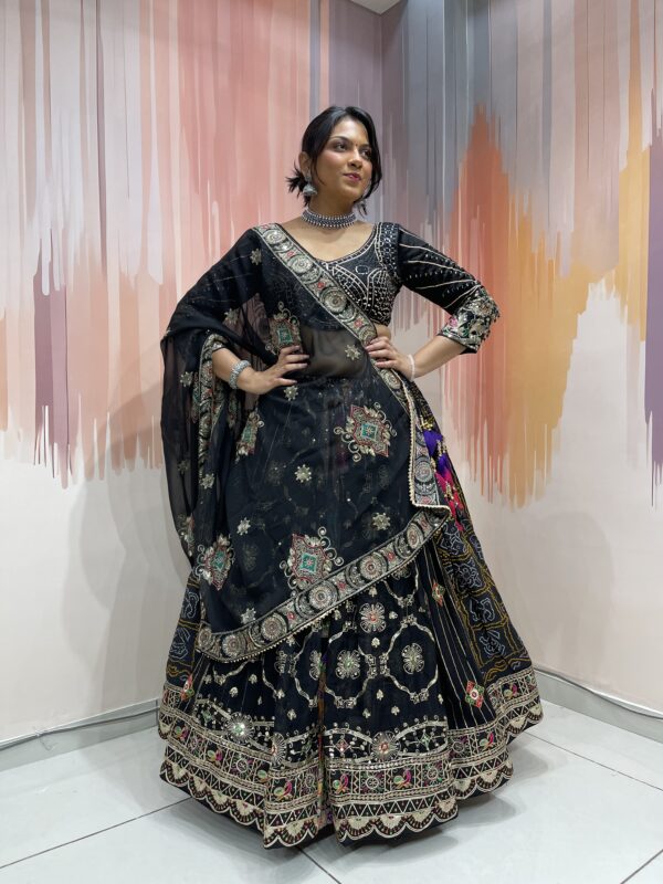 Black Designer Chaniya Choli for Navratri 2025 with Hand Mirror Work and Bandhani Print – Traditional Kutchi Embroidery Lehenga Set with Net Dupatta