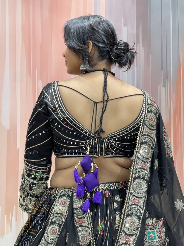 Black Designer Chaniya Choli for Navratri 2025 with Hand Mirror Work and Bandhani Print – Traditional Kutchi Embroidery Lehenga Set with Net Dupatta - Image 4