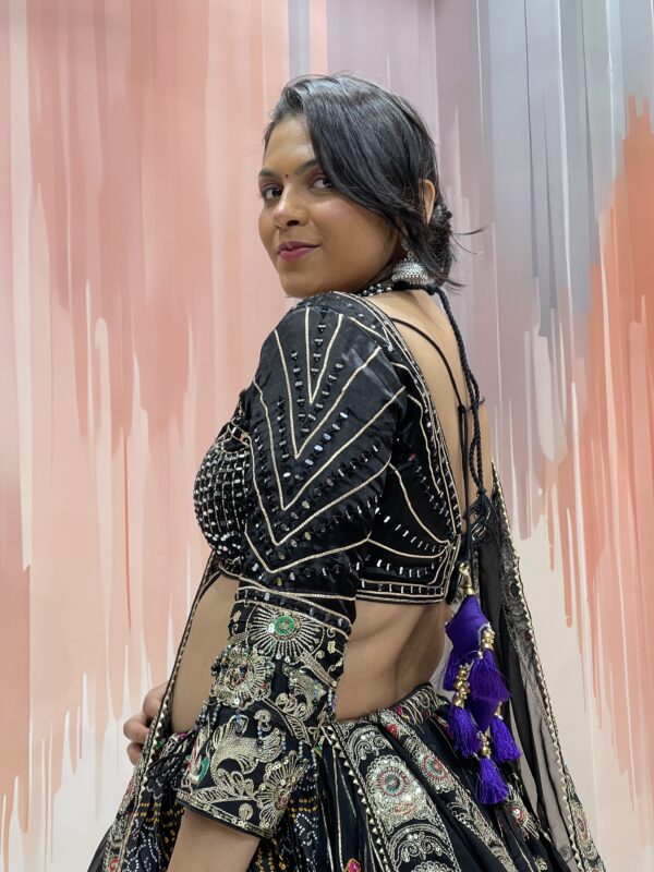 Black Designer Chaniya Choli for Navratri 2025 with Hand Mirror Work and Bandhani Print – Traditional Kutchi Embroidery Lehenga Set with Net Dupatta - Image 5