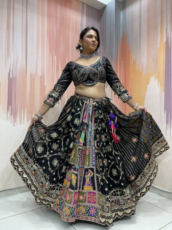 Black Designer Chaniya Choli for Navratri 2025 with Hand Mirror Work and Bandhani Print – Traditional Kutchi Embroidery Lehenga Set with Net Dupatta - Image 8