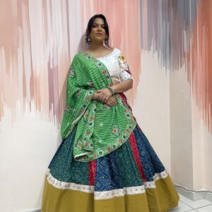 Multicolor Bandhani Patchwork Chaniya Choli with White Embroidered Blouse – Meera’s Lehenga