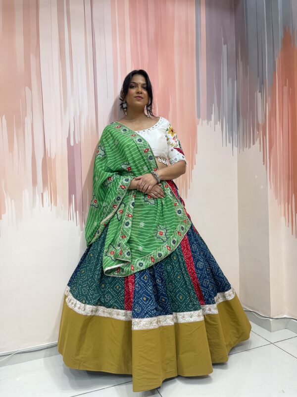 Multicolor Bandhani Patchwork Chaniya Choli with White Embroidered Blouse – Meera’s Lehenga
