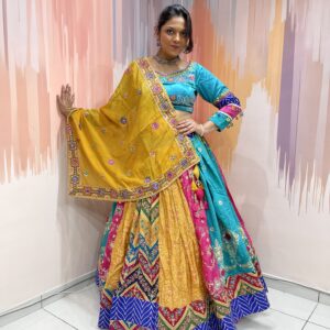 Multicolor Patchwork Chaniya Choli for Navratri 2025 – Hand Embroidered Traditional Lehenga Set with Mustard Dupatta and Mirror Work