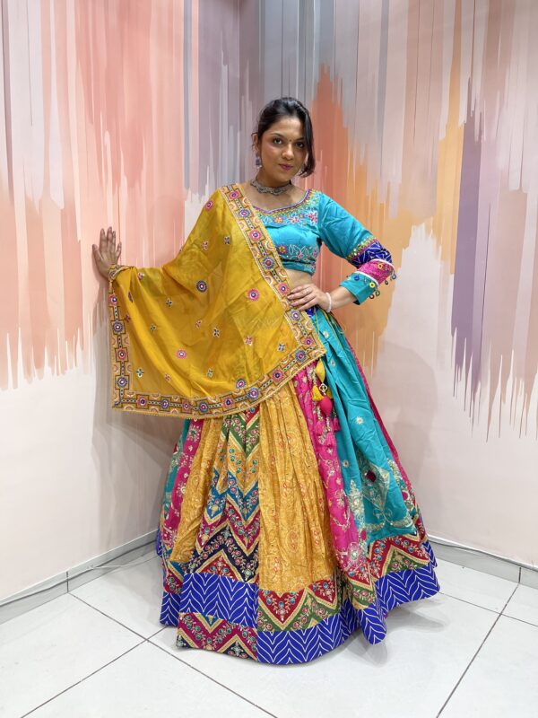 Multicolor Patchwork Chaniya Choli for Navratri 2025 – Hand Embroidered Traditional Lehenga Set with Mustard Dupatta and Mirror Work