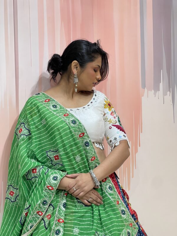 Multicolor Bandhani Patchwork Chaniya Choli with White Embroidered Blouse – Meera’s Lehenga - Image 3