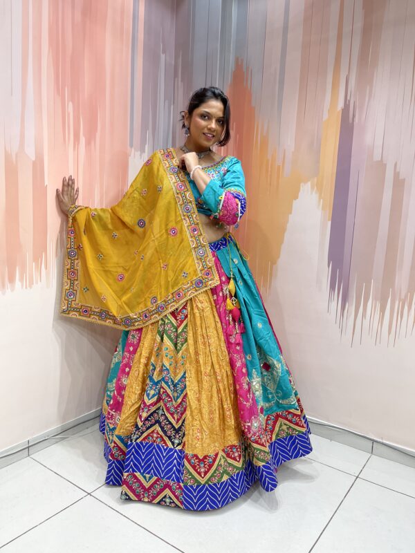 Multicolor Patchwork Chaniya Choli for Navratri 2025 – Hand Embroidered Traditional Lehenga Set with Mustard Dupatta and Mirror Work - Image 2