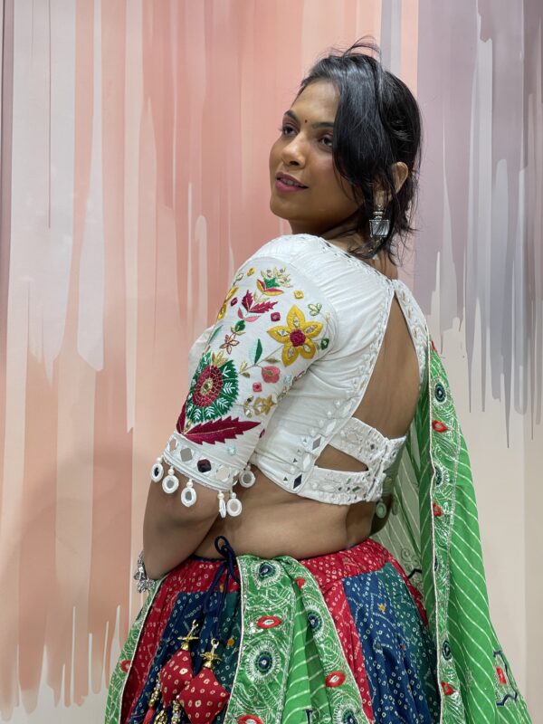 Multicolor Bandhani Patchwork Chaniya Choli with White Embroidered Blouse – Meera’s Lehenga - Image 4