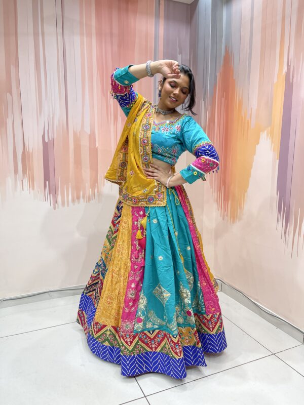 Multicolor Patchwork Chaniya Choli for Navratri 2025 – Hand Embroidered Traditional Lehenga Set with Mustard Dupatta and Mirror Work - Image 3