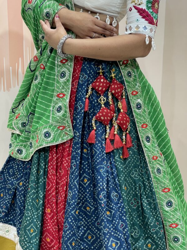 Multicolor Bandhani Patchwork Chaniya Choli with White Embroidered Blouse – Meera’s Lehenga - Image 5