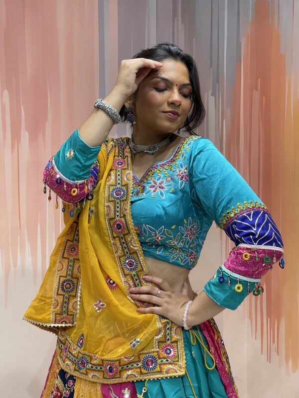 Multicolor Patchwork Chaniya Choli for Navratri 2025 – Hand Embroidered Traditional Lehenga Set with Mustard Dupatta and Mirror Work - Image 4