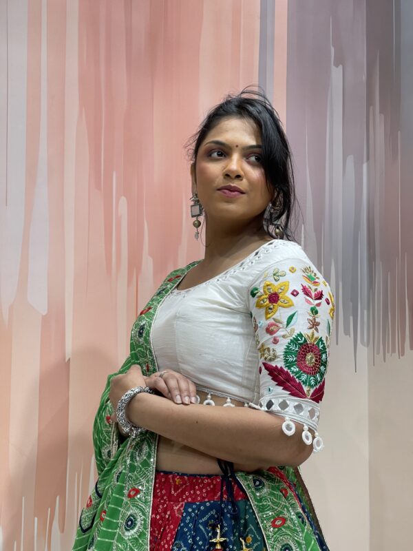 Multicolor Bandhani Patchwork Chaniya Choli with White Embroidered Blouse – Meera’s Lehenga - Image 6