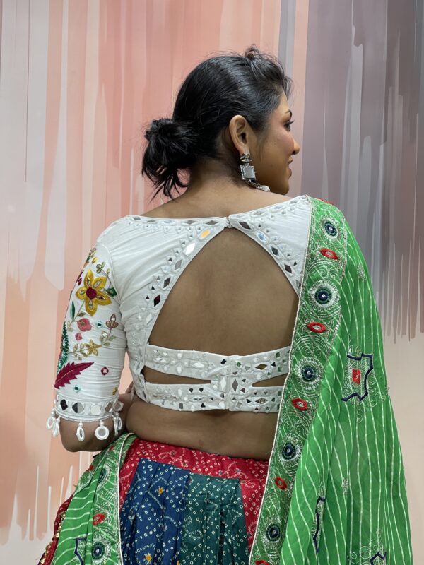 Multicolor Bandhani Patchwork Chaniya Choli with White Embroidered Blouse – Meera’s Lehenga - Image 8