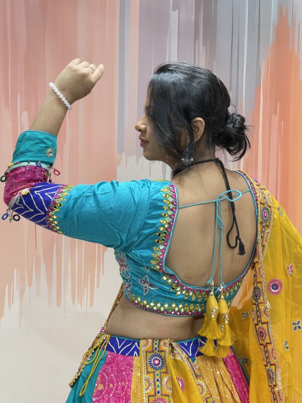 Multicolor Patchwork Chaniya Choli for Navratri 2025 – Hand Embroidered Traditional Lehenga Set with Mustard Dupatta and Mirror Work - Image 6