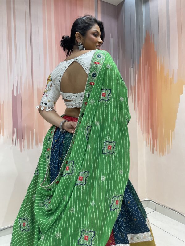 Multicolor Bandhani Patchwork Chaniya Choli with White Embroidered Blouse – Meera’s Lehenga - Image 7
